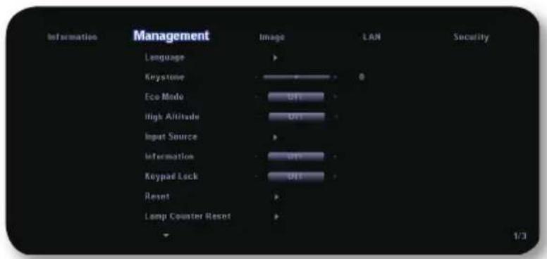 Information Management Language Keystone Eco Mode High Altitude Input Source Information Keypad Lock Reset Lamp Counter Reset Image LAN Security 1/3