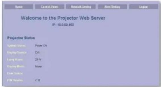 Welcome to the Projector Web Server IP: 10.0:$0.100 Projector Status System Status Power ON Display Service CNA Larry System 24 fy Display Module Move FTR Version +1.0