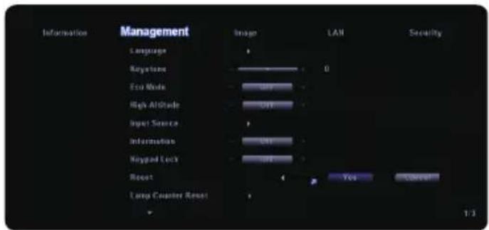 Information Management Language Rogatiana Eco Mode High Altitude Input Source Information Nogpad Lock Reset Long Counter Reset Image LAN Security Yes Cancel 1:3