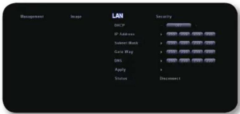 MAN Management Image Security DHCP IP Address Submit Mask Gate Way DNS Apply Status Disconnect