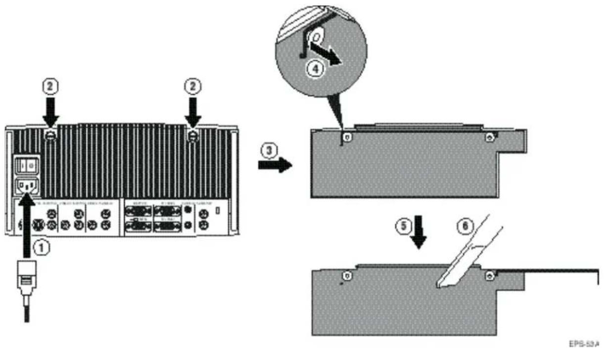 Diagram illustrating the process of an electronic device with labeled components and steps for assembly or repair.