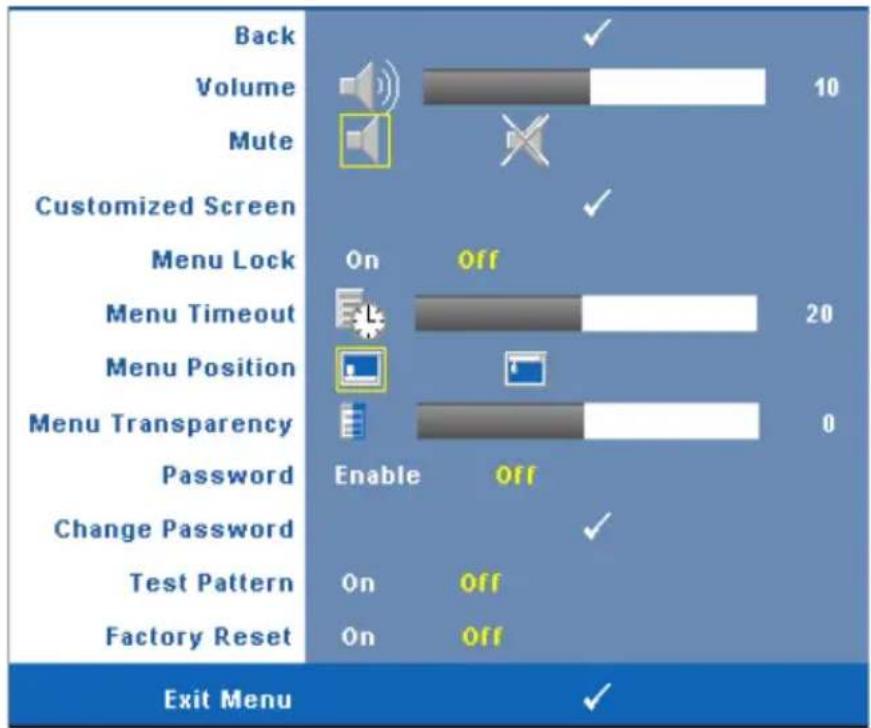 Back Volume 10 Mute Customized Screen Menu Lock On Off Menu Timeout 20 Menu Position Menu Transparency 0 Password Enable Off Change Password ✓ Test Pattern On Off Factory Reset On Off Exit Menu ✓