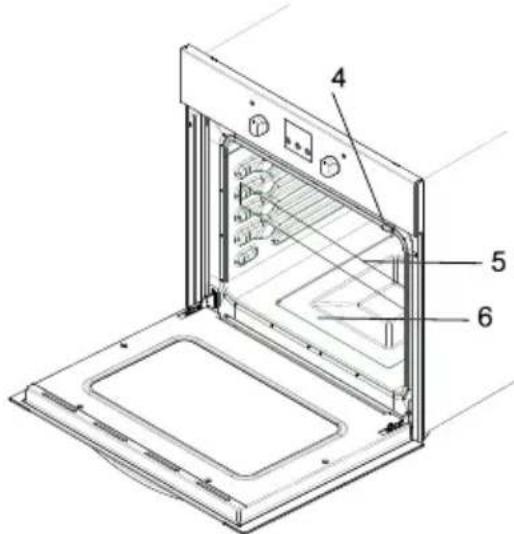 Technical diagram of an oven with numbered parts for identification