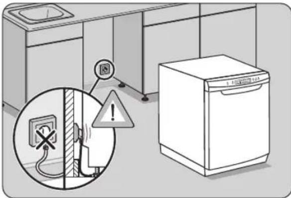 Diagram illustrating appliance safety warning with a washing machine and electrical plug, showing a warning symbol and safety warning.