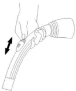 Line drawing of a hand holding a flexible hose with a black arrow indicating direction (no text or symbols)