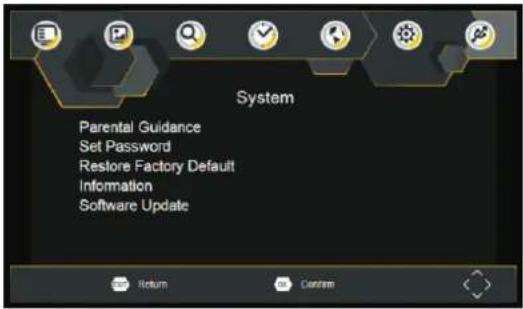 System Parental Guidance Set Password Restore Factory Default Information Software Update