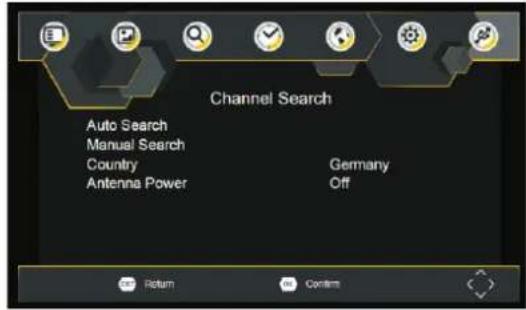 Channel Search Auto Search Manual Search Country Antenna Power Germany Off Return Confirm