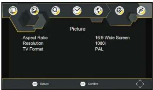 Picture Aspect Ratio Resolution TV Format 16:9 Wide Screen 1080i PAL Return Confirm