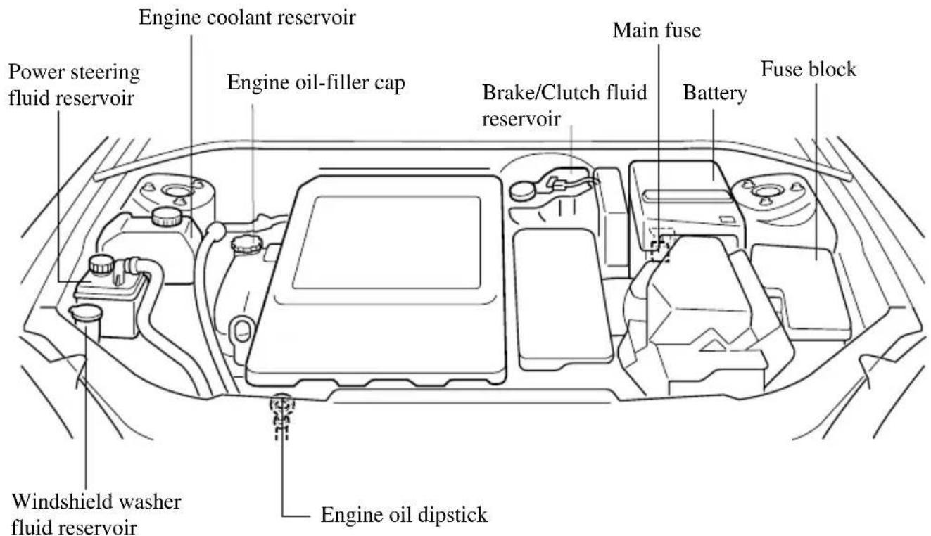 Engine coolant reservoir Power steering fluid reservoir Engine oil-filler cap Windshield washer fluid reservoir Engine oil dipstick Brake/Clutch fluid reservoir Main fuse Battery Fuse block