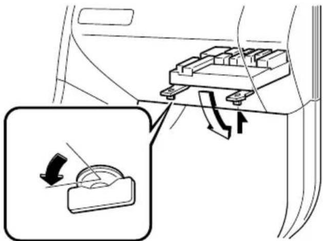 Diagram showing car interior with directional arrows and a magnified inset of a device component