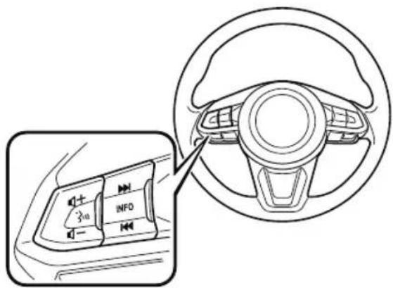Diagram showing car interior with steering wheel, directional control panel labeled 'INFO', and speedometer indicator '3.10'