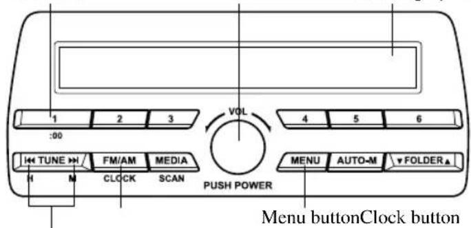 1 2 3 :00 TUNE FM/AM MEDIA H N CLOCK SCAN VOL PUSH POWER 4 5 6 MENU AUTO-M FOLDER▲ Menu buttonClock button