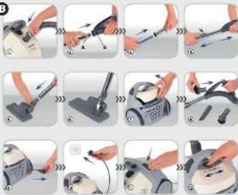 Step-by-step instructions for using a vacuum cleaner, showing step-by-step actions from base to final product.