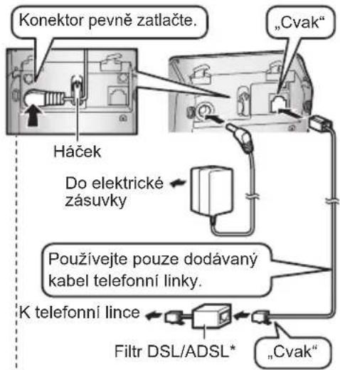 Konektor pevně zatlačte. „Cvak“ Háček Do elektrické zásuvky Používejte pouze dodávaný kabel telefonní linky. K telefonní lince Filtr DSL/ADSL* „Cvak“