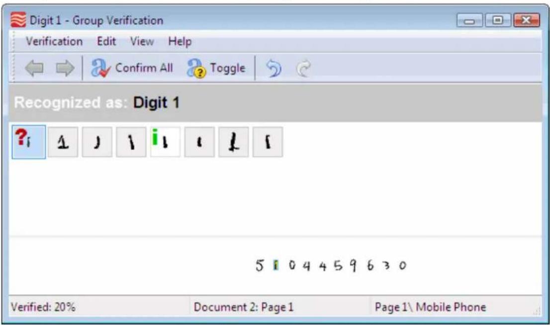Digit 1 - Group Verification Verification Edit View Help Confirm All Toggle Recognized as: Digit 1 ? 4 1 1 i 1 1 1 5 0 4 4 5 9 6 3 0 Verified: 20% Document 2: Page 1 Page 1\ Mobile Phone