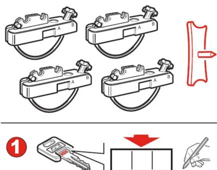Diagram illustrating four different types of electrical switch components with labeled terminals A and B, alongside a schematic showing a key being inserted into a box.