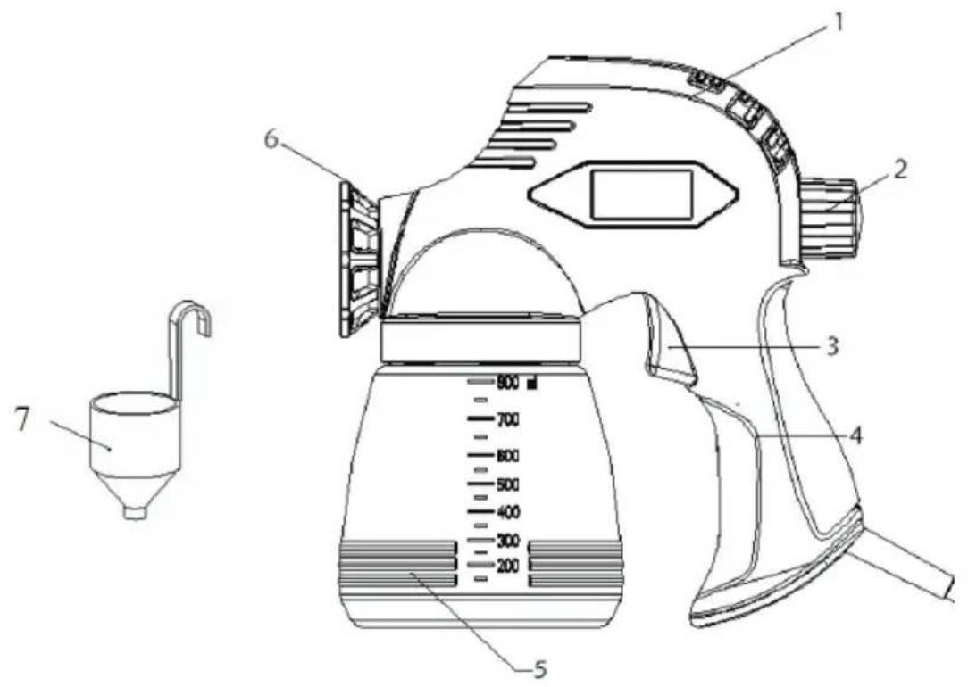 Technical diagram of a portable water heater with labeled parts and scale markings