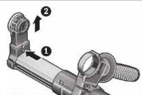 Technical diagram of a mechanical device with labeled parts ① and ②, showing directional arrows.
