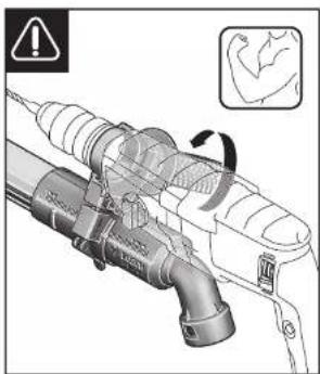 Technical diagram of a mechanical device with warning symbol and magnified inset showing arm joint detail