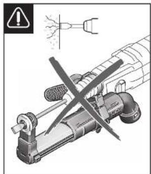 Diagram illustrating a mechanical device with warning symbol and warning label, showing tool path and component assembly.