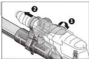 Technical diagram of a mechanical device with numbered components and directional arrows indicating assembly or flow.