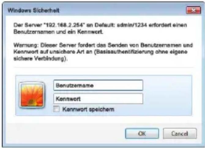 Windows Sicherheit Der Server "192.168.2.254" an Default: admin/1234 erfordert einen Benutzernamen und ein Kennwort. Warnung: Dieser Server fordert das Senden von Benutzernamen und Kennwort auf unsichere Art an (Basisauthentifizierung ohne eigene sichere Verbindung). Benutzername Kennwort Kennwort speichem OK Cancel