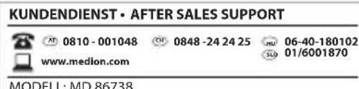 KUNDENDIENST • AFTER SALES SUPPORT AT 0810-001048 CH 0848-24 24 25 NU 06-40-180102 www.medion.com SLO 01/6001870 MODELL: MD 86738
