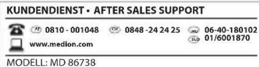 KUNDENDIENST • AFTER SALES SUPPORT AT 0810-001048 CH 0848-24 24 25 HU 06-40-180102 www.medion.com SLD 01/6001870 MODELL: MD 86738