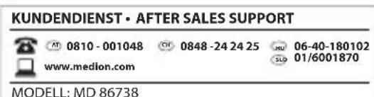 KUNDENDIENST • AFTER SALES SUPPORT AT 0810-001048 CH 0848-24 24 25 HU 06-40-180102 www.medion.com SLD 01/6001870 MODELL: MD 86738
