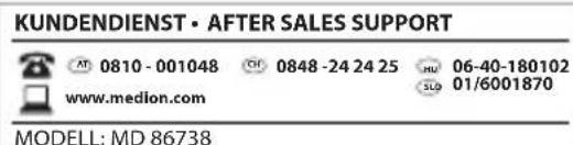 KUNDENDIENST • AFTER SALES SUPPORT AT 0810-001048 CH 0848-24 24 25 HU 06-40-180102 www.medion.com SLO 01/6001870 MODELL: MD 86738
