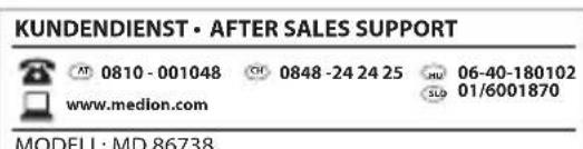 KUNDENDIENST • AFTER SALES SUPPORT AT 0810-001048 CH 0848-24 24 25 HU 06-40-180102 www.medion.com SLD 01/6001870 MODELL: MD 86738