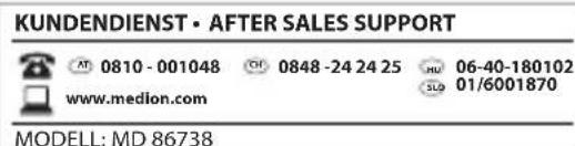 KUNDENDIENST • AFTER SALES SUPPORT AT 0810-001048 CH 0848-24 24 25 HU 06-40-180102 www.medion.com SLO 01/6001870 MODELL: MD 86738