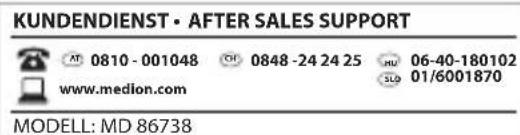 KUNDENDIENST • AFTER SALES SUPPORT AT 0810 - 001048 CH 0848 -24 24 25 HU 06-40-180102 www.medion.com SLD 01/6001870 MODELL: MD 86738