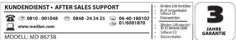 KUNDENDIENST • AFTER SALES SUPPORT AT 0810 - 001048 CH 0848 -24 24 25 HU 06-40-180102 www.medion.com SLD 01/6001870 MODELL: MD 86738 • Wireless-LAN-Verträker • BJ-4S Verzverkabel • Software CD • Dokumentation • Wireless-LAN reporter • BJ-4S network cable • Software CD • Documentation 3 JAHRE GARANTIE