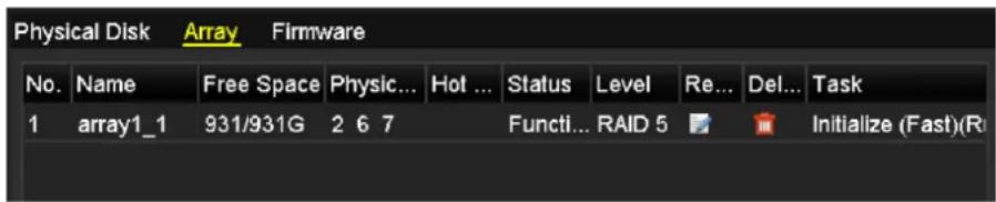 Physical Disk Array Firmware No. Name Free Space Physic... Hot ... Status Level Re... Del... Task 1 array1_1 931/931G 2 6 7 Functi... RAID 5 Initialize (Fast)(R)
