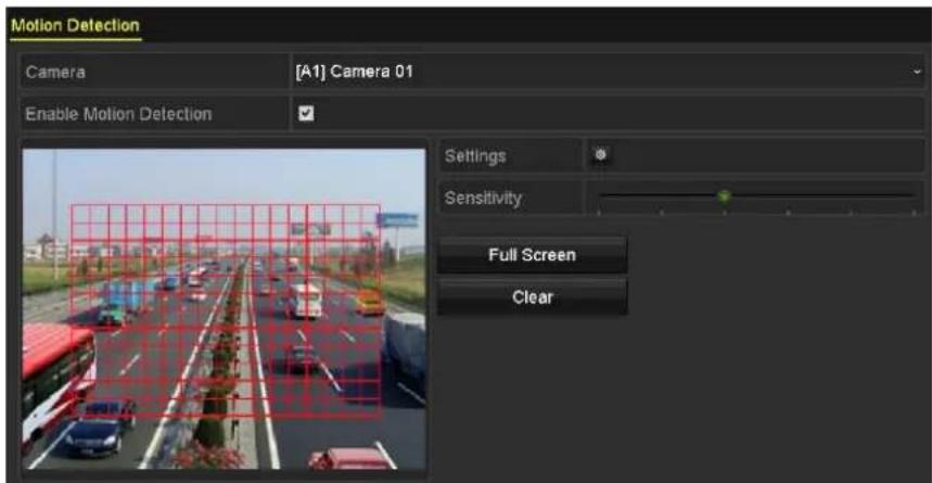 Motion Detection Camera [A1] Camera 01 Enable Motion Detection Settings Sensitivity Full Screen Clear