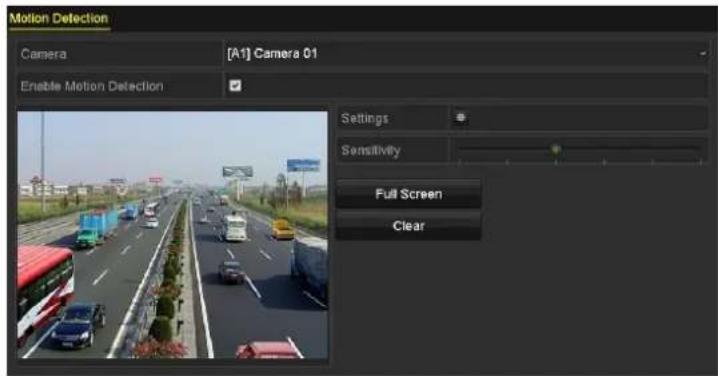 Motion Detection Camera [A1] Camera 01 Enable Motion Detection Settings Sensitivity Full Screen Clear