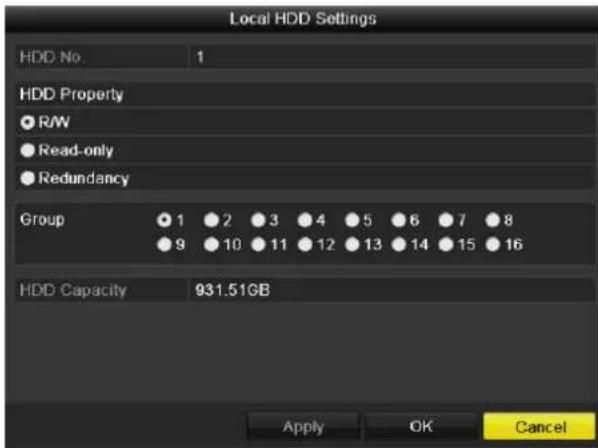 Local HDD Settings HDD No. 1 HDD Property ● R/W ● Read-only ● Redundancy Group ● 1 ● 2 ● 3 ● 4 ● 5 ● 6 ● 7 ● 8 ● 9 ● 10 ● 11 ● 12 ● 13 ● 14 ● 15 ● 16 HDD Capacity 931.51GB Apply OK Cancel