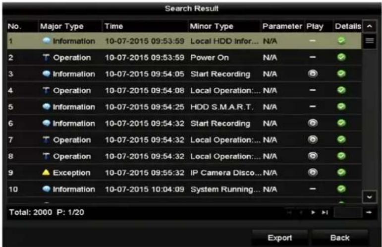 Search Result No. Major Type Time Minor Type Parameter Play Details 1 Information 10-07-2015 09:53:59 Local HDD Infor... N/A 2 Operation 10-07-2015 09:53:59 Power On N/A 3 Information 10-07-2015 09:54:05 Start Recording N/A 4 Operation 10-07-2015 09:54:08 Local Operation... N/A 5 Information 10-07-2015 09:54:25 HDD S.M.A.R.T. N/A 6 Information 10-07-2015 09:54:32 Start Recording N/A 7 Operation 10-07-2015 09:54:32 Local Operation... N/A 8 Operation 10-07-2015 09:54:32 Local Operation... N/A 9 Exception 10-07-2015 09:55:32 IP Camera Disco... N/A 10 Information 10-07-2015 10:04:09 System Running... N/A Total: 2000 P: 1/20 Export Back