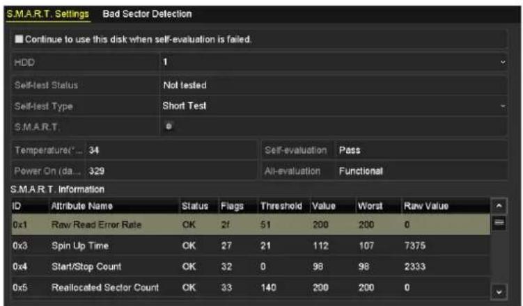 S.M.A.R.T. Settings Bad Sector Detection Continue to use this disk when self-evaluation is failed. HDD 1 Self-test Status Not tested Self-test Type Short Test S.M.A.R.T. Temperature(°)... 34 Self-evaluation Pass Power On (da... 329 Alt-evaluation Functional S.M.A.R.T. Information ID Attribute Name Status Flags Threshold Value Worst Raw Value 0x1 Raw Read Error Rate OK 2f 51 200 200 0 0x3 Spin Up Time OK 27 21 112 107 7375 0x4 Start/Stop Count OK 32 0 98 96 2333 0x5 Reallocated Sector Count OK 33 140 200 200 0