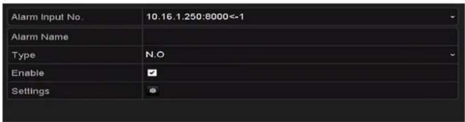 Alarm Input No. 10.16.1.250:8000<-1 Alarm Name Type N.O Enable ✓ Settings ✓