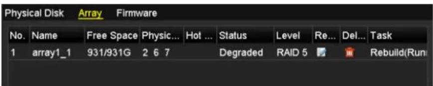 Physical Disk Array Firmware No. Name Free Space Physic... Hot ... Status Level Re... Del... Task 1 array1_1 931/931G 2 6 7 Degraded RAID 5 Rebuild(Run)