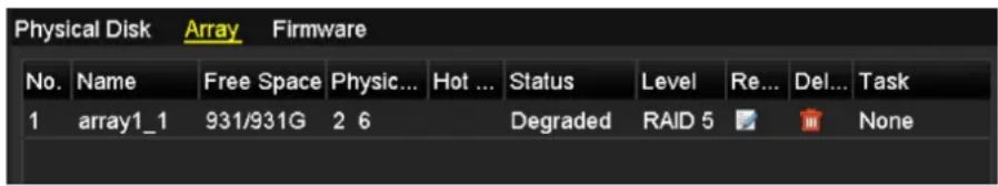 Physical Disk Array Firmware No. Name Free Space Physic... Hot ... Status Level Re... Del... Task 1 array1_1 931/931G 2 6 Degraded RAID 5 None