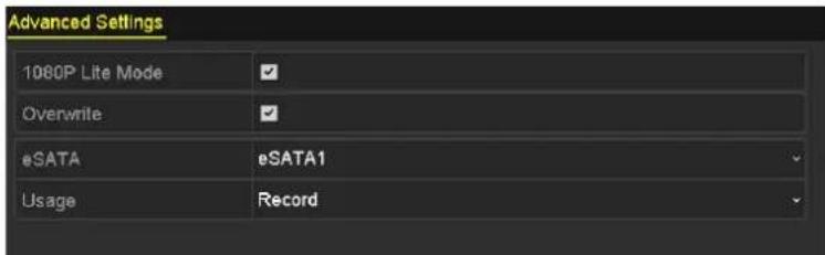 Advanced Settings 1080P Lite Mode ✓ Overwrite ✓ eSATA eSATA1 Usage Record