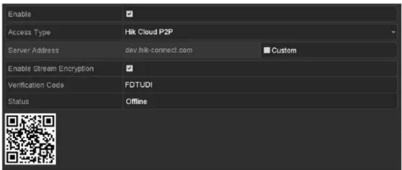 Enable Access Type Hik Cloud P2P Server Address dev.hik-connect.com Custom Enable Stream Encryption Verification Code FDTUDI Status Offline