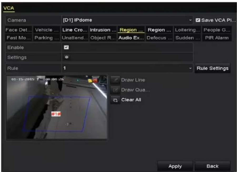 VCA Camera [D1] IPdome Save VCA Pi... Face Det... Vehicle ... Line Cro... Intrusion ... Region ... Region ... Loitering... People G... Fast Mo... Parking ... Unattend... Object R... Audio Ex... Defocus ... Sudden ... PIR Alarm Enable Settings Rule 1 Rule Settings 01-15-2015 T: 00:04:26 Draw Line Draw Qua... Clear All Apply Back