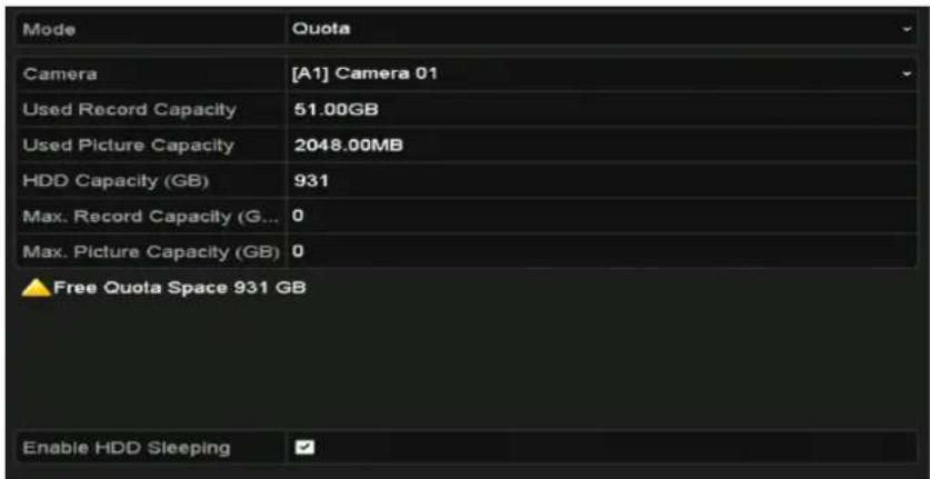 Mode Quota Camera [A1] Camera 01 Used Record Capacity 51.00GB Used Picture Capacity 2048.00MB HDD Capacity (GB) 931 Max. Record Capacity (G... 0 Max. Picture Capacity (GB) 0 ▲ Free Quota Space 931 GB Enable HDD Sleeping