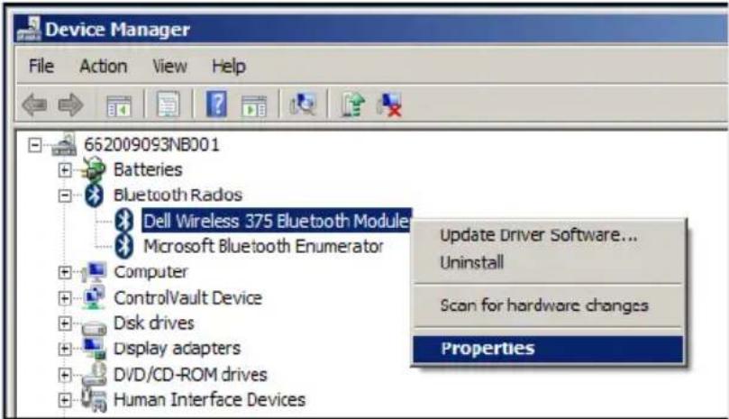 Device Manager File Action View Help 662009093NB001 Batteries Bluetooth Rados Dell Wireless 375 Bluetooth Module Microsoft Bluetooth Enumerator Computer ControlVault Device Disk drives Display adapters DVD/CD-ROM drives Human Interface Devices Update Driver Software... Uninstall Scan for hardware changes Properties