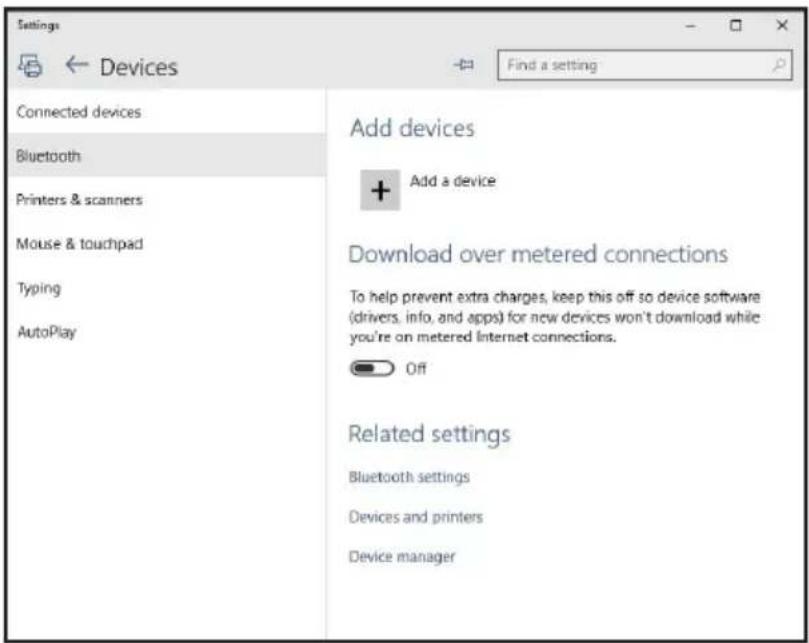 Settings ← Devices Find a setting Connected devices Bluetooth Printers & scanners Mouse & touchpad Typing AutoPlay Add devices + Add a device Download over metered connections To help prevent extra charges, keep this off so device software (drivers, info, and apps) for new devices won't download while you're on metered Internet connections. Off Related settings Bluetooth settings Devices and printers Device manager