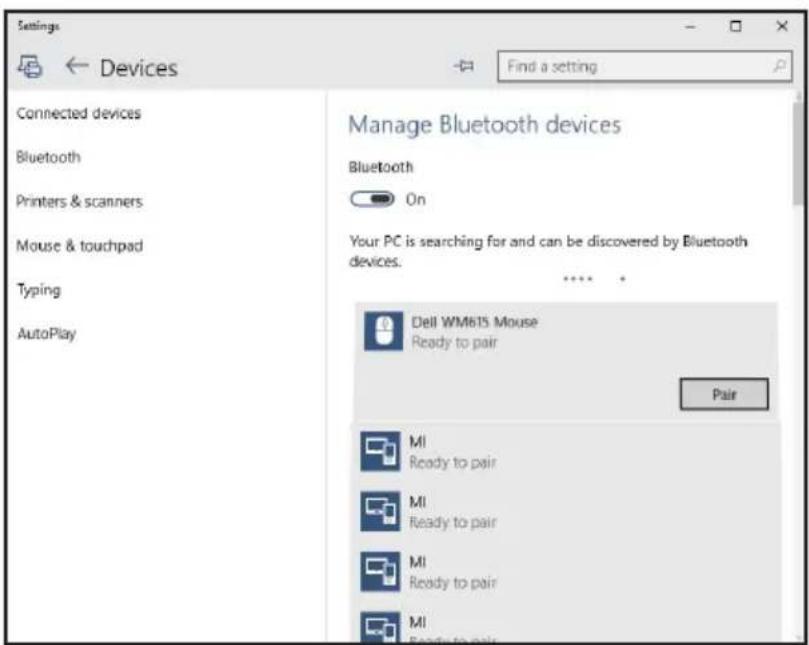 Settings ← Devices Find a setting Connected devices Bluetooth Printers & scanners Mouse & touchpad Typing AutoPlay Manage Bluetooth devices Bluetooth On Your PC is searching for and can be discovered by Bluetooth devices. Dell WM815 Mouse Ready to pair Pair MI Ready to pair MI Ready to pair MI Ready to pair MI Ready to pair